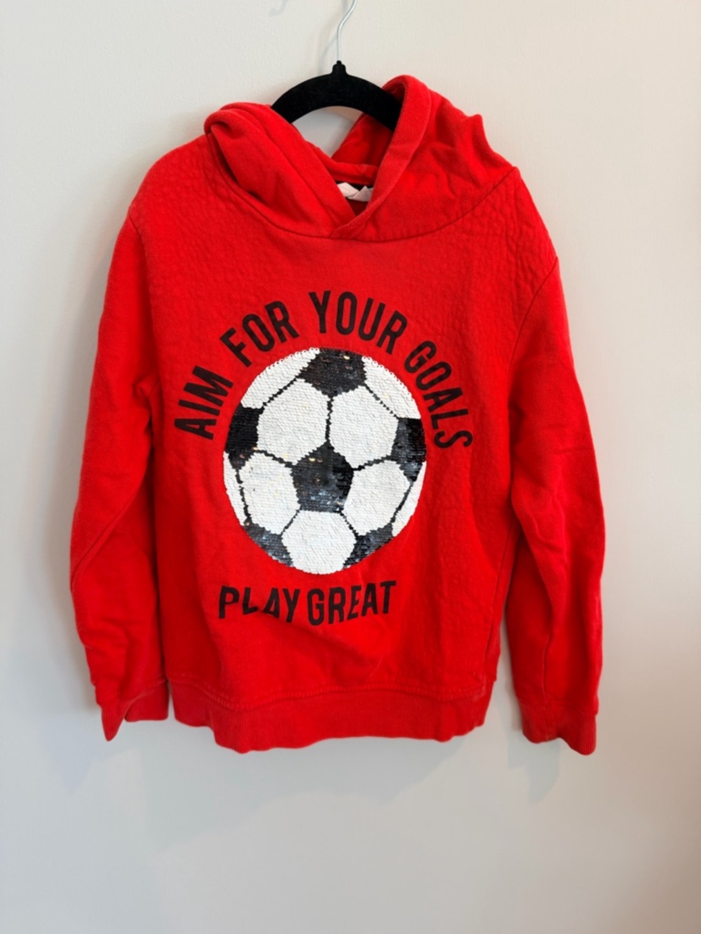 H&M Red Kids' Hoodie with Dual Sequin Soccer Graphic